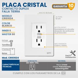 Placa armada cristal con contacto Duplex Falla Tierra blanco