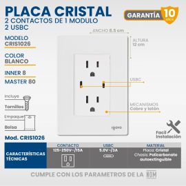 Placa armada 2 Contactos de 1 módulo, 2 USB C blanco
