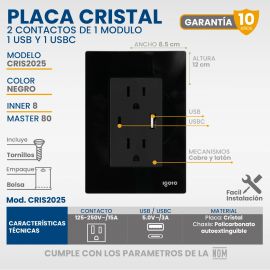 Placa armada 2 Contactos de 1 módulo, 1 USB y 1 USB C negro