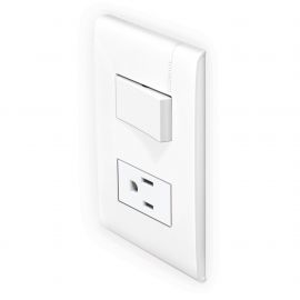 Placa blanca con 1 interruptor sencillo + 1 tomacorriente 2P+T con protección infantil