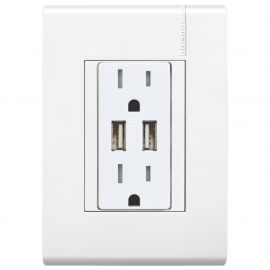 Tomacorriente Dúplex 2P+T + 2 USB 3.1A  Protección Infantil con Placa Blanca