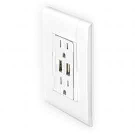 Placa blanca con tomacorriente dúplex 2P+T con protección infantil + 2 Cargadores USB