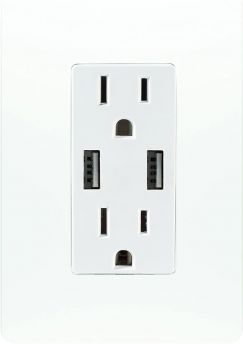 Contacto dúplex 2P + T con 2 cargadores USB con Placa UNNO Blanco