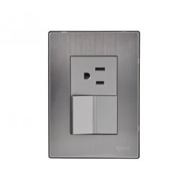 Placa armada Inox con 1 apagador sencillo y 1 contacto de 1.5 módulos plata