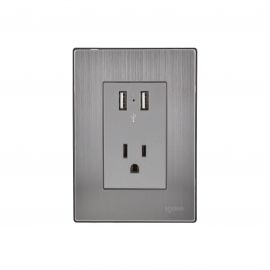 Placa armada Inox con 2 mecanismos de toma usb y 1 contacto de 1 módulo plata