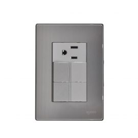 Placa armada Inox con 2 apagadores sencillos y 1 contacto de 1 módulo plata