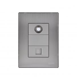 Placa armada Inox con 1 mecanismo toma telefónica y 1 mecanismo toma coaxial salida T.V. plata