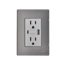 Placa armada inox y contacto duplex + USB+ USBC plata