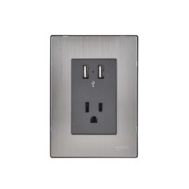 Placa armada Inox con 2 mecanismos de toma usb y 1 contacto de 1 módulo oxford